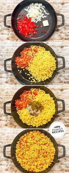 three frying pans filled with different types of food on top of a wooden table