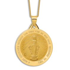 A bold statement of faith, this miraculous medal features the image of the Blessed Virgin and the back is engraved with symbols of protection. Fashioned in 14K yellow gold, the 18-inch box chain secures in place with a spring ring clasp. Manifestation 2024, Symbols Of Protection, Jared The Galleria Of Jewelry, Ceramic Ideas, Blessed Virgin, Miraculous Medal, Religious Jewelry, Box Chain, Spring Rings