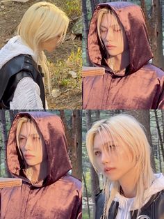 three different pictures of two people wearing hooded clothing