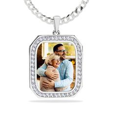 This Square portrait pendant with stones is the perfect gift for that special someone. One subject can be taken from a photo and engraved in spectra color onto the finished piece making it a colored heirloom to treasure. Available in silver-plated gold plated sterling silver and 14K over sterling silver. Measures: 30mm x 25mm. Get Yours Today! *The coating process we use on the photo pendant may slightly darken the photo.