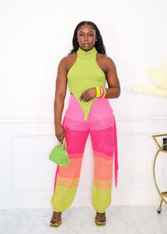 This stylish pair of knit pants will make a bold fashion statement. Featuring a fringe detail and bright neon colors, this piece is perfect for the woman who loves to stand out. Model wearing a small Secret Sale, Crochet Headband, Knit Pants, Neon Colors, Pattern Free, Bold Fashion