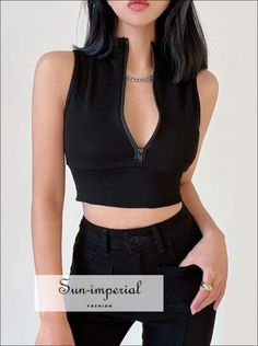 Women Black Sleeveless Half Zip Crop Tank top with High Neck Imperial Fashion, Top Cosplay, High Neck Crop Top, Crop Top Designs, Fashionista Clothes, Crop Tank Top, Sleeveless Crop Top, Casual Black, Solid Clothes