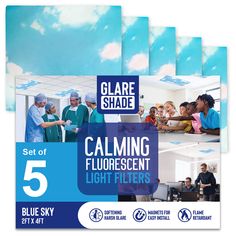 four blue sky flyers with images of people in the background and text that reads,'set of 5 calming fluorescent light filters '