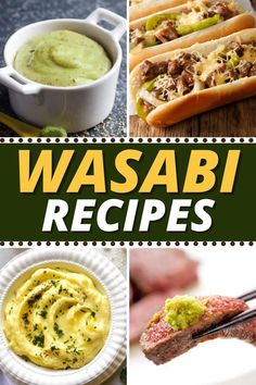 the cover of wasabii recipes is shown with pictures of different foods and sauces