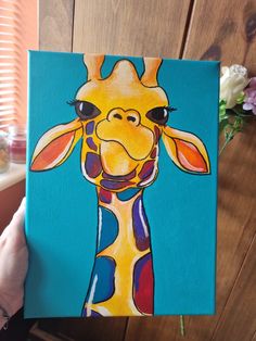 a painting of a giraffe on a blue background