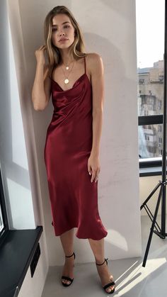 Maroon Slip Dress, Red Silk Slip Dress Long, Red Satin Midi Slip Dress, Luxury Red Silk Slip Dress, Red Fitted V-neck Slip Dress, Elegant Red Midi-length Slip Dress, Silk Cowl Neck Dress, Silk Cami Dress