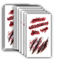 five different types of tattoos on white paper with red ink and watercolor paint splatters