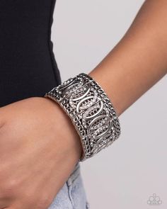 Infused along elastic stretchy bands, a collection of silver chain borders along silver rings that alternate with white rhinestone-encrusted rings for a monochromatic look along the wrist. Sold as one individual bracelet. Wrist Accessories, Coil Bracelet, Purple Bracelet, White Bracelets, Red Bracelets, Black Bracelets, Paparazzi Accessories, White Rhinestone, Paparazzi Jewelry