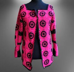 "Pink black crochet sweater cardigan women granny wool handmade vintage new boho upcycled jacket Gift for her Size M L Condition - vintage new Acril and wool blend Measurements: Shoulders - 52 cm (20.5\") Bust - 54 cm *2 (21.26\" * 2 ) Length - 71 cm (27.95\") Sleeves - 54 cm (21.26\") Thank you for visit my retro shop :)" Vintage Winter Sweater With Granny Square Details, Bohemian Winter Cardigan With Buttons, Bohemian Winter Sweater With Buttons, Handmade Fitted Winter Cardigan, Handmade Bohemian Black Sweater, Handmade Winter Festival Sweater, Black Crochet Sweater, Upcycled Jackets, Rose Noir