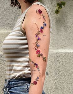 a woman's arm with flowers on it, and the words never written in cursive writing