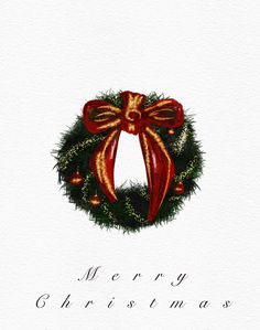 a watercolor christmas card with a wreath and bow on it's front cover