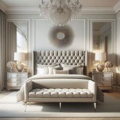 a bedroom with a large bed and chandelier