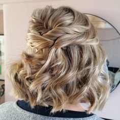 60 Gorgeous Updos for Short Hair That Look Totally Stunning Half Up Half Down Wedding Hair For Medium Length, Partial Hair Updos, Short Hair Half Updo For Wedding, Updos For Short To Medium Length Hair, Short Wavy Updo, Prom Hair Updo Short, Short Hair For Wedding Mothers, Short Hair Partial Updo, Half Updo For Short Hair