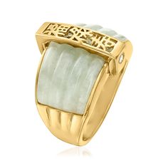 Ross-Simons - Jade "Fortune, Prosperity, Longevity" Ring, 18kt Yellow Gold Over Sterling. Size 9. May luck be with you wherever you go. Our polished 18kt yellow gold over sterling silver ring features a 21x12mm carved jade with white topaz accents. Features Chinese symbol for "fortune, prosperity, longevity." 5/8" wide. Jade Chinese symbol ring. Carved Jade, Chinese Symbols, Sterling Jewelry, Jade Carving, White Topaz, Free Jewelry, Sterling Silver Ring, Silver Ring, Topaz