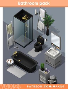 bathroom pack with bathtub, sink, mirror and toilet in 3d format for blender