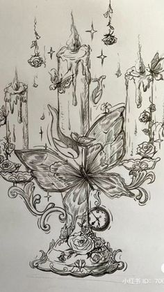 a drawing of a candle with candles in the middle and butterflies around it, on a white paper background