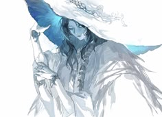 a drawing of a woman wearing a white hat and holding a blue bird on her shoulder