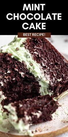 a slice of chocolate cake on a plate with the title text overlay reads, best recipe