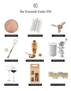 bar essentials under $ 50 for the ultimate bartender's kit, including cocktail shakers, wine glasses, and more