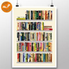 a book shelf filled with lots of books on top of a white wall mounted poster