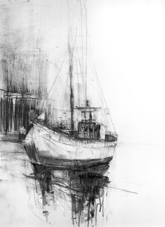 a black and white drawing of a boat in the water