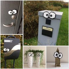 several pictures of different types of mailboxs with eyes and noses painted on them