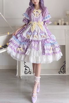 Fabric: Polyester Style types: Sweet Lolita Season: Spring, Summer, Autumn, Winter Include: Dress*1 (Any of the accessory is not included.) Size (IN) Bust Sleeve Length Shoulder Width Length S 34.65 10.63 14.57 36.22 M 37.01 11.42 14.96 38.19 L 38.58 12.20 15.35 39.76 Size (CM) Bust Sleeve Length Shoulder Width Length S 88 27 37 92 M 94 29 38 97 L 98 31 39 101 Purple Lolíta Dress, Yume Kawaii Outfit, Cute Purple Outfits, Fairy Kei Fashion, Style Types, Spring Summer Autumn Winter, Frilly Dresses, Purple Outfits, Kawaii Fashion Outfits