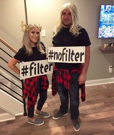 two people are dressed up in costumes and holding signs that read,'milleninal costume idea '