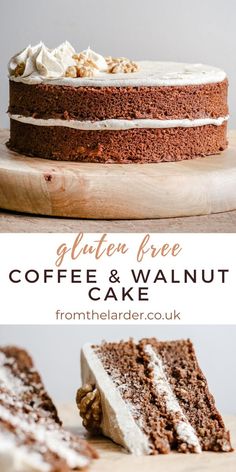 a close up of a slice of cake on a plate with the text gluten free coffee and walnut cake