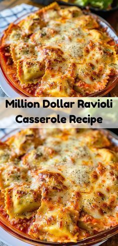 two pizzas sitting on top of a pan covered in cheese and sauce, with the words million dollar ravioli casserole recipe