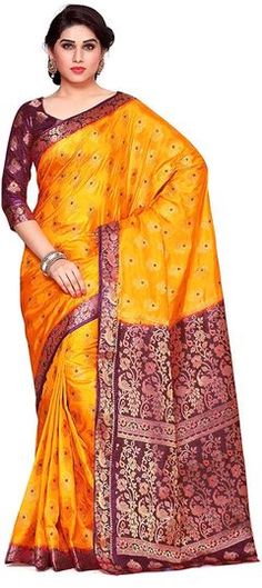 Yellow color Saree in Kanchipuram Silk, Silk fabric with Weaving, Zari work Yellow Art Silk Churidar With Cutdana, Puja Brocade Saree With Pallu, Brocade Saree With Pallu For Puja, Orange Traditional Wear With Pallu For Ceremonies, Yellow Meenakari Blouse Piece For Saree, Orange Tussar Silk Traditional Wear For Wedding, Festival Banarasi Silk Churidar With Meenakari, Art Silk Churidar With Meenakari For Festivals, Banarasi Silk Churidar With Meenakari For Festivals