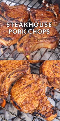 steaks and pork chops cooking on the grill with text overlay that reads steakhouse pork chops