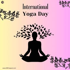 the international yoga day poster with a woman sitting in lotus position and trees around her