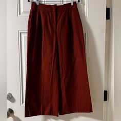 New With Tags Brick Red Color Burgundy Workwear Bottoms With Pockets, High Waist Burgundy Workwear Bottoms, High Waist Burgundy Bottoms For Work, Burgundy High-waist Bottoms For Work, Red High-waisted Wide Leg Pants With Pockets, High-waisted Red Wide Leg Pants With Pockets, High Waist Burgundy Wide Leg Pants For Fall, Burgundy High Waist Wide Leg Pants For Fall, Chic Burgundy Pants For Spring