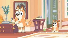 an animated cat standing in front of a mirror with another cat looking at it's reflection