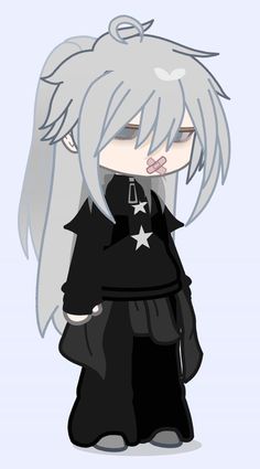 an anime character with long white hair and black clothes, holding a star on his chest