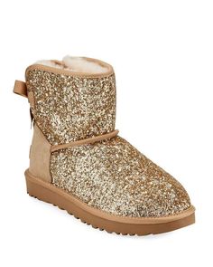 UGG Classic Mini Bow Cosmos Booties, Gold Glitter Ugg Boots, Mini Bow