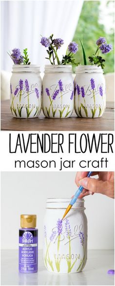 mason jar crafts with lavender flowers painted on them