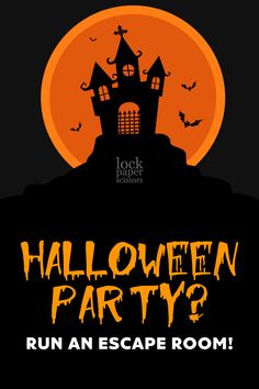 a halloween party poster with an image of a castle and bats in the sky above it