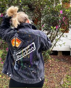 Painted Mardi Gras Jacket, Mardi Gras Denim Jacket, Mardi Gras Painted Jeans, Mardi Gras Drinks, Mardi Gras Diy, Custom Jean Jacket