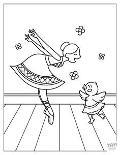 Ballerina dances with baby chick. All coloring pages are free to download. You can color on paper, or digitally in Procreate. Ballerina coloring pages are perfect for kids and adults who love cute coloring pages! Coloring Pages Ballerina, Angelina Ballerina Coloring Pages, Barbie Swan Lake Coloring Pages, Dance Coloring Pages