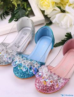 OrcaJump - Girls Glitter PU Flats with Crystal Sequins, Jewels, and Rhinestones for Little Kids (4-7 Years) Elsa Pink, Pink Girls Dress, Elsa Shoes, Frozen Shoes, Toddler Girl Dress Shoes, Shoes Princess, Crystals Blue, Fairytale Princess, Girls Dress Shoes