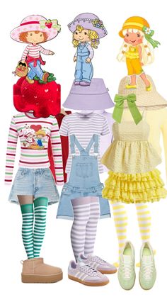 three dolls are standing next to each other wearing dresses and hats with colorful stripes on them