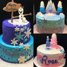 three different cakes decorated with frosting and decorations