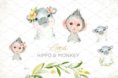 watercolor baby hippo and monkey clipart set