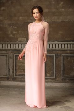 Round collar Fabric: Crepe, embroidery laces, beaded Raglan long sleeves tulle Type: Modern ao dai Wedding Ao Dai, Dream Tea, Modern Bridesmaid, Vietnamese Traditional Dress, Pink Embroidery, Tulle Sleeves, Embroidery Lace, Kurta Designs, Tea Ceremony