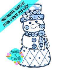 a snowman with a hat and scarf on it's head is drawn in blue ink