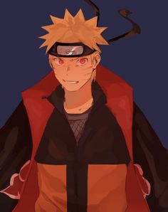 the character naruta is wearing an orange and black outfit with red eyes, while he