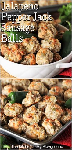 jalapeno pepper jack sausage balls in a white dish with green peppers on the side