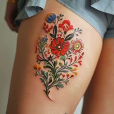 Wildflower Tattoo Vector Pack Traditional Style Floral Tattoo, Folk Art Flowers Tattoo, Mexican Inspired Tattoos For Women, Polish Tattoo Ideas, Mexican Inspired Tattoos, Hip Thigh Tattoos, Wildflower Tattoo, Tattoo Vector, Muster Tattoos